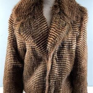 Wenxi Brown Striped‎ Faux Fur Jacket Notched Lapel Winter Coat XL